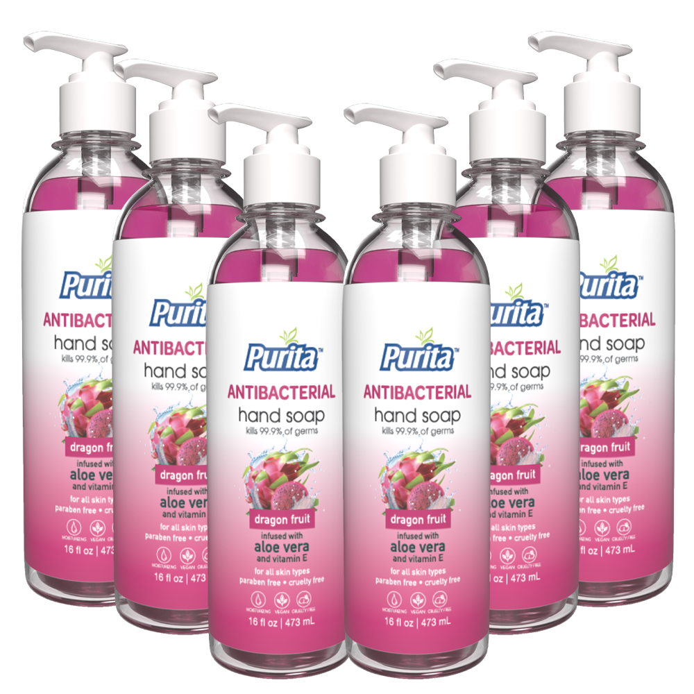 PURITA™ Antibacterial Hand Soap w/ Aloe Vera & Vitamin E - Dragon Fruit Scent Pack of 6 (16 oz)
