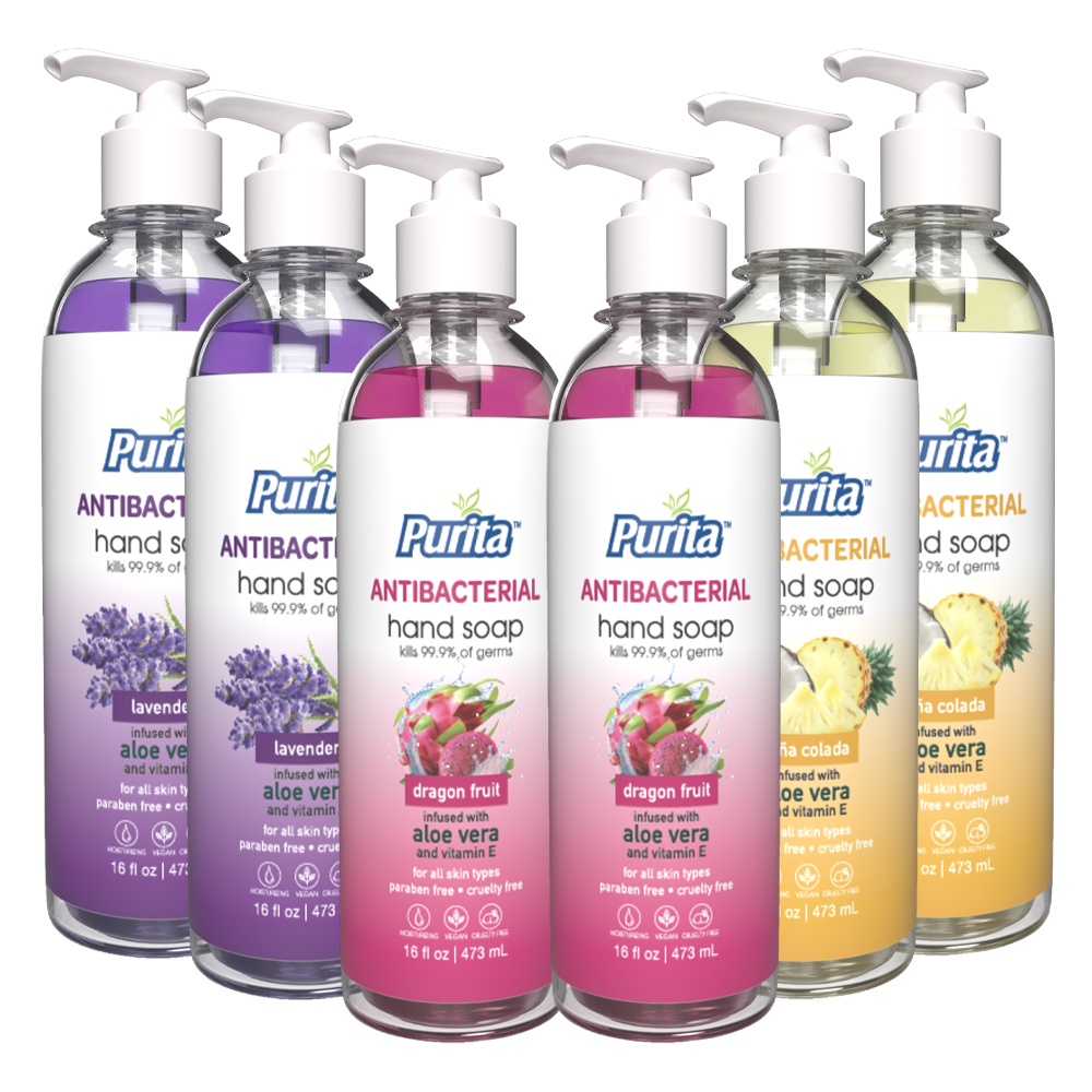 PURITA™ Antibacterial Hand Soap w/ Aloe Vera & Vitamin E  - 2 x Lavender, Dragon Fruit, Piña Colada Pack of 6 (16 oz)