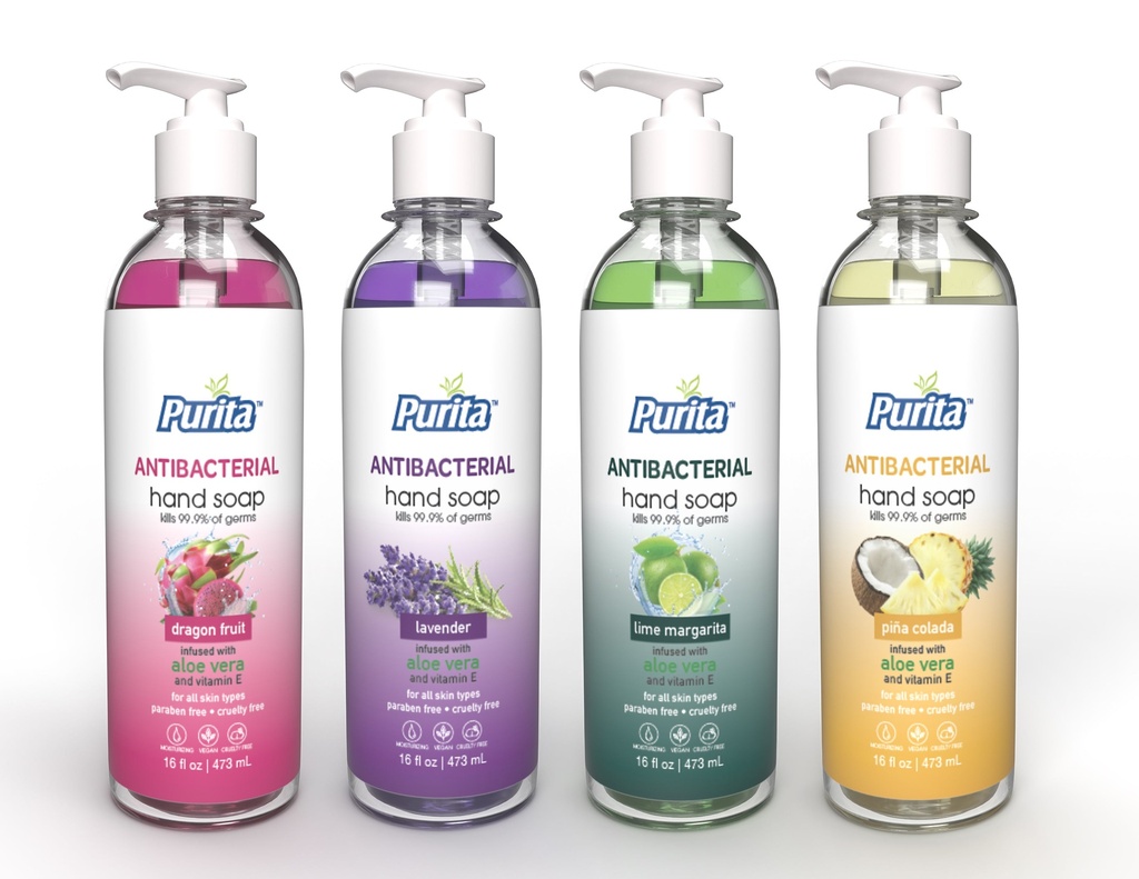 [PUR1009] PURITA™ Antibacterial Hand Soap w/ Aloe Vera & Vitamin E - Dragon Fruit, Lavender, Lime Margarita,  Piña Colada Pack of 4 (16 oz)