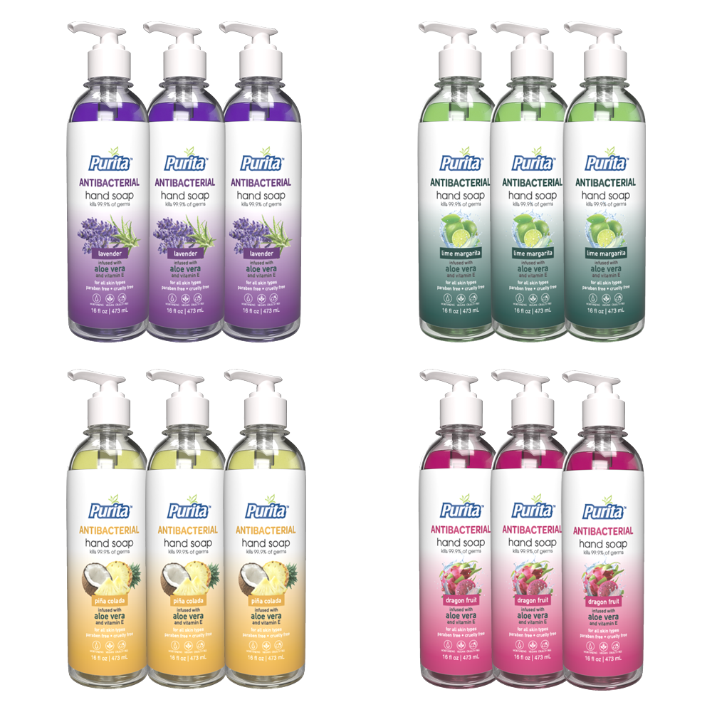 PURITA™ Antibacterial Hand Soap w/ Aloe Vera & Vitamin E - 3 x Lavender, Lime Margarita, Piña Colada, Dragon Fruit Pack of 12 (16 oz)