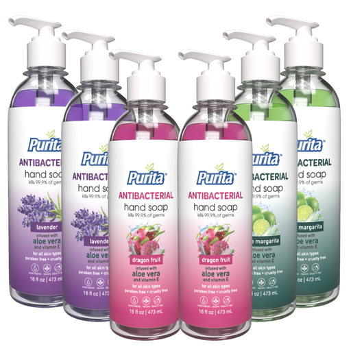 [PUR1001] PURITA™ Antibacterial Hand Soap w/ Aloe Vera & Vitamin E - 2 x Lavender, Dragon Fruit, Lime Margarita Pack of 6 (16 oz)